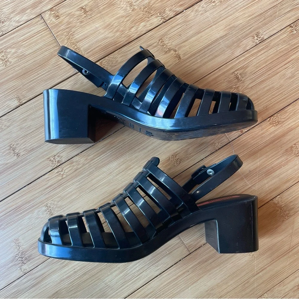 Melissa Black Strappy Block Jelly Heel Sandals - Picture 2 of 5